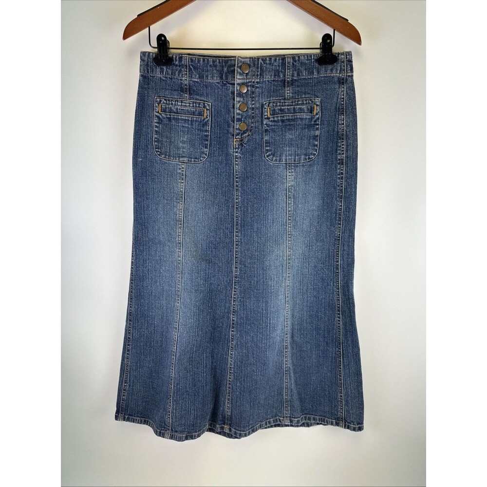 Gap Jeans Y2K Denim Maxi Skirt Fitted Flare Snap Vintage Cotton Western Womens 6